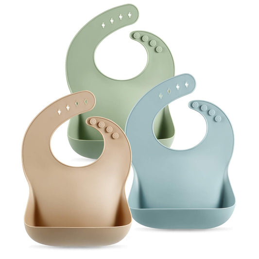 PandaEar Thick Silicone Baby Bibs — 3 Pack, Adjustable, Wide Food Catcher Pocket, Machine Washable | 6 Months to 6 Years | Brown, Blue & Green