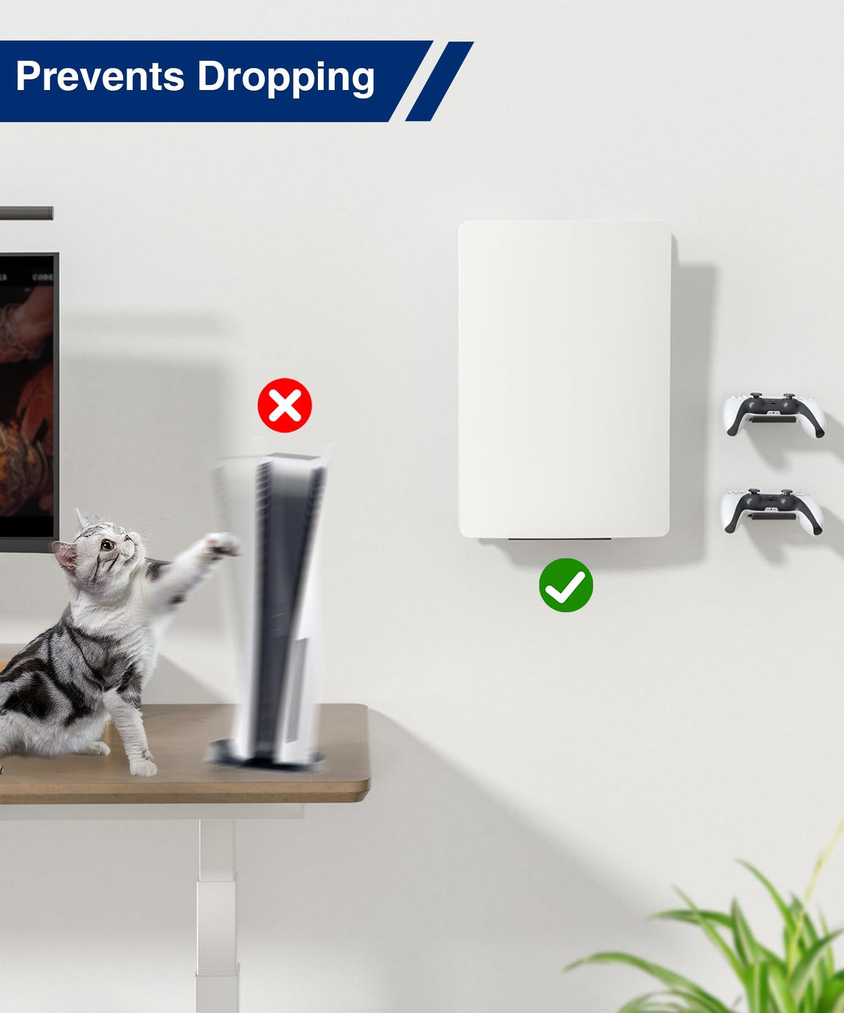 Console Holder Wall Mount for PS5:Gaming Stand for PlayStation 5 and 2 Controller Stand Kits Black