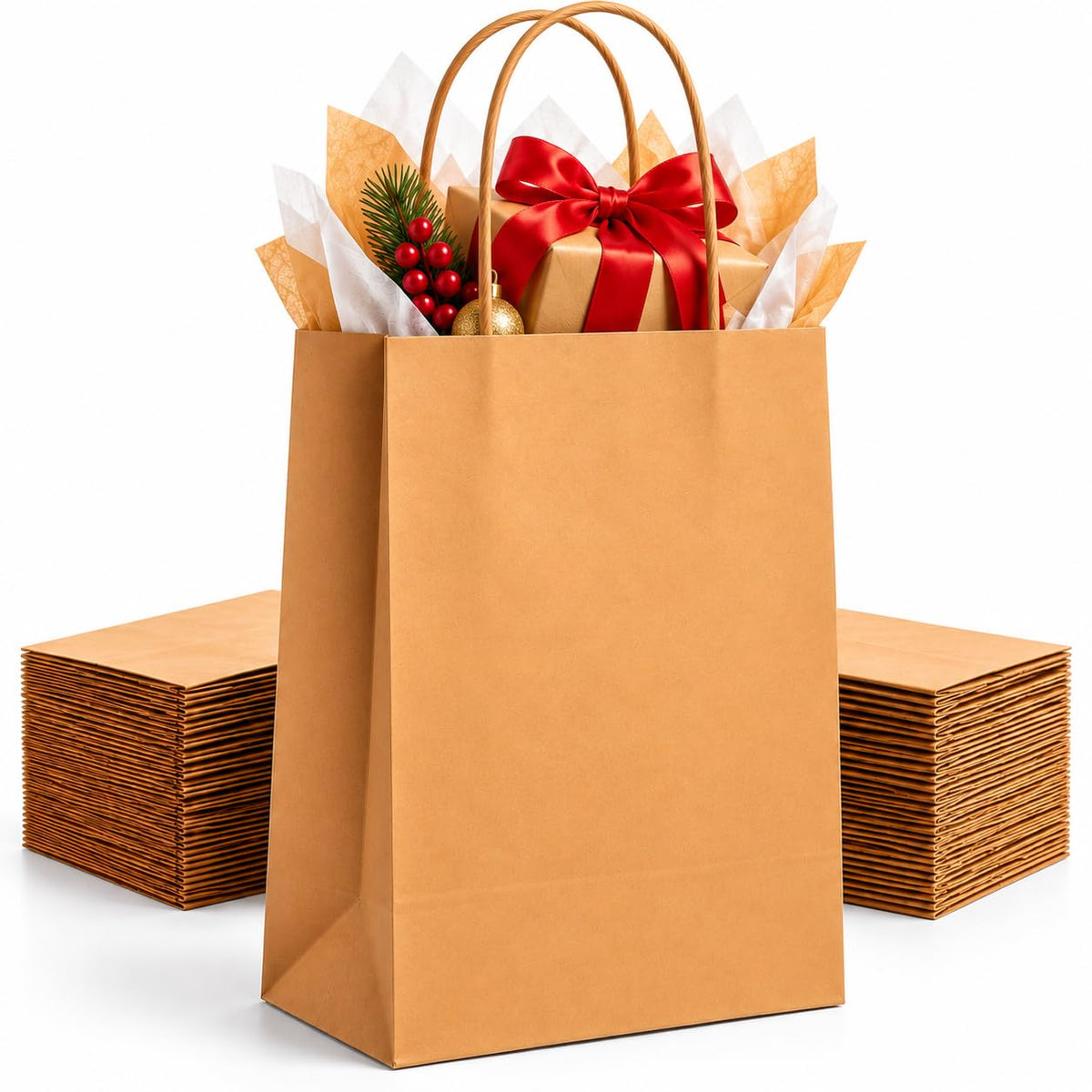 HURUC Brown Paper Bags with Handles 50 Pack Medium 130 GSM