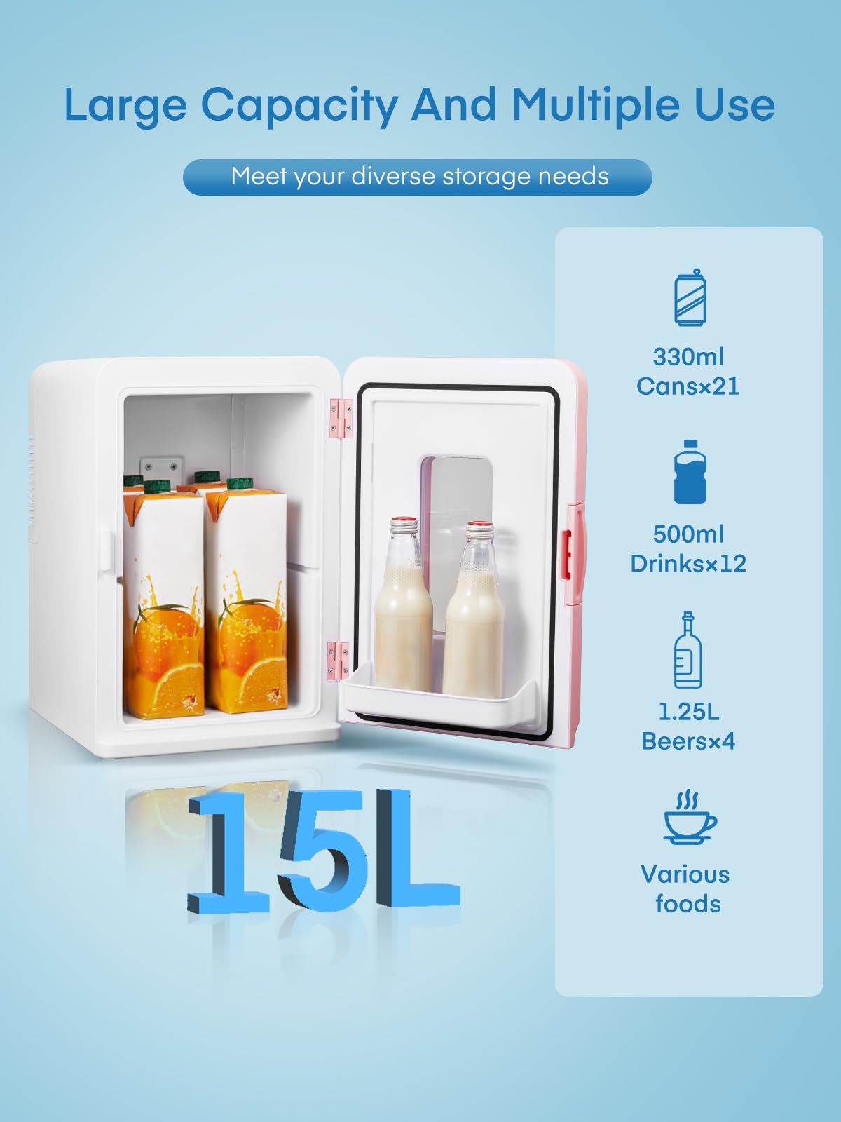15L Mini Fridge for Bedroom，Hold 21 Cans,38dB Low Noise Small Fridge