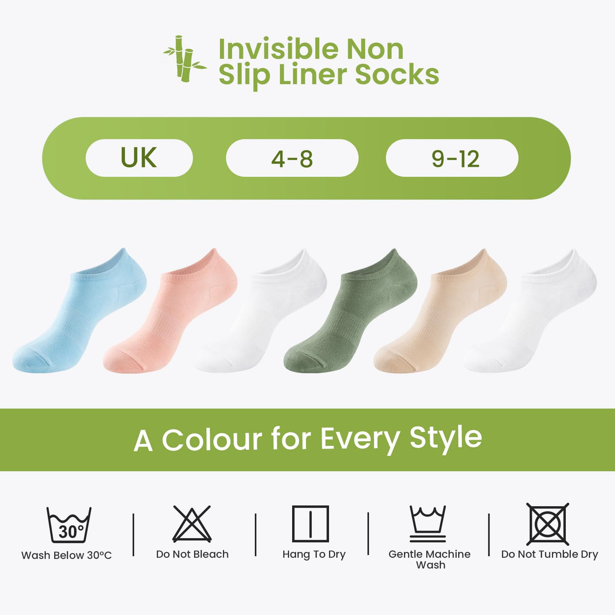 Niofind Bamboo Trainer Socks for Womens & Mens, 6 Pairs, Non Slip No Show