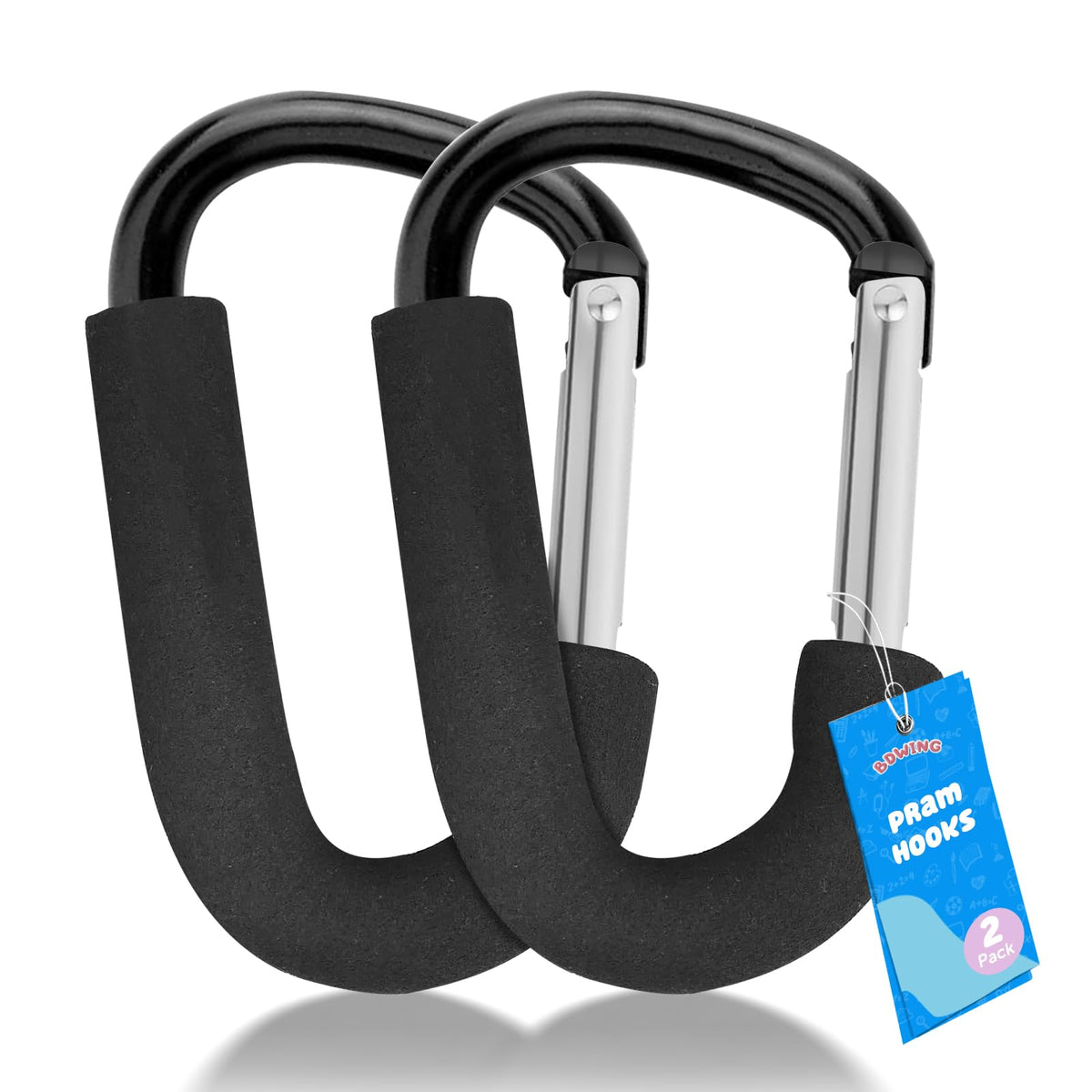 2pcs Buggy Clips for Changing Bag Handbag, Non-Slip PU Leather Pram Hook for Buggy Pram Rocker Stroller Pushchair Rollator Mobility Scooter Universal Accessories Baby Travel Essentials (Black）