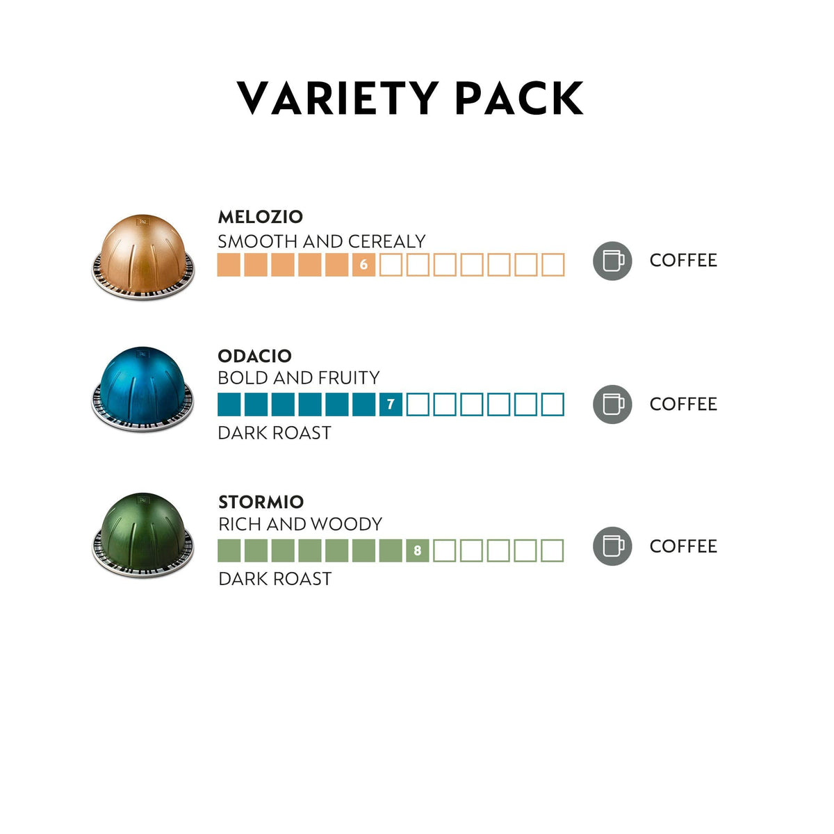 Nespresso Vertuo Coffee Pods Espresso Variety Pack - 30 Capsules (3 sleeves) Includes 10 Altissio, 10 Diavolto, 10 Voltesso Pods