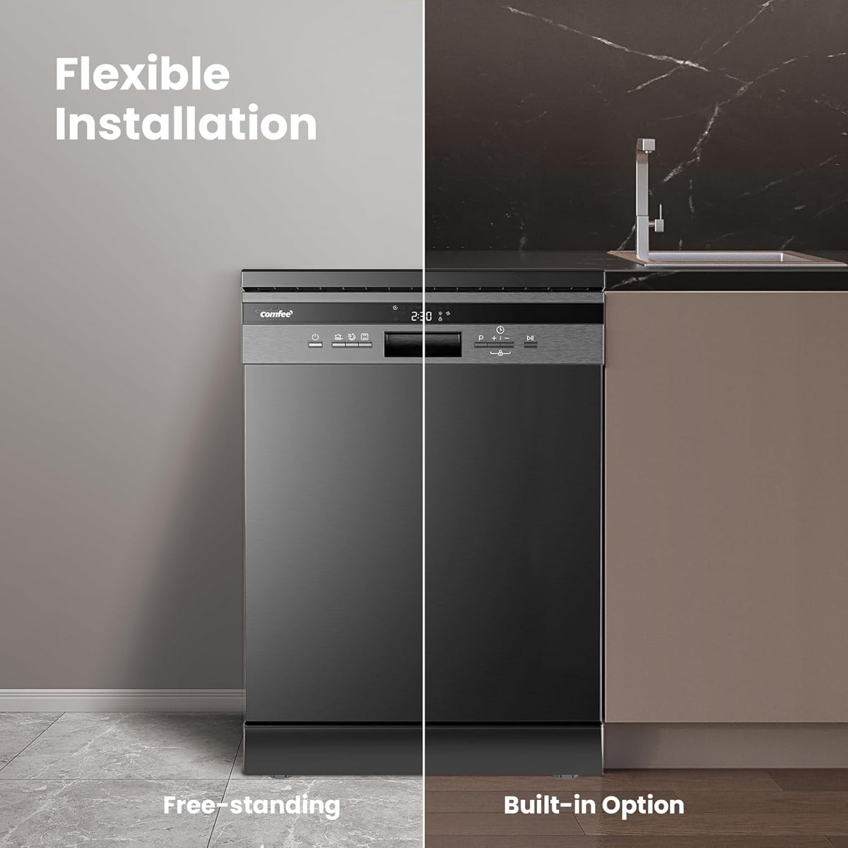COMFEE' Full Size Freestanding Dishwasher, 14 Place Settings, Black