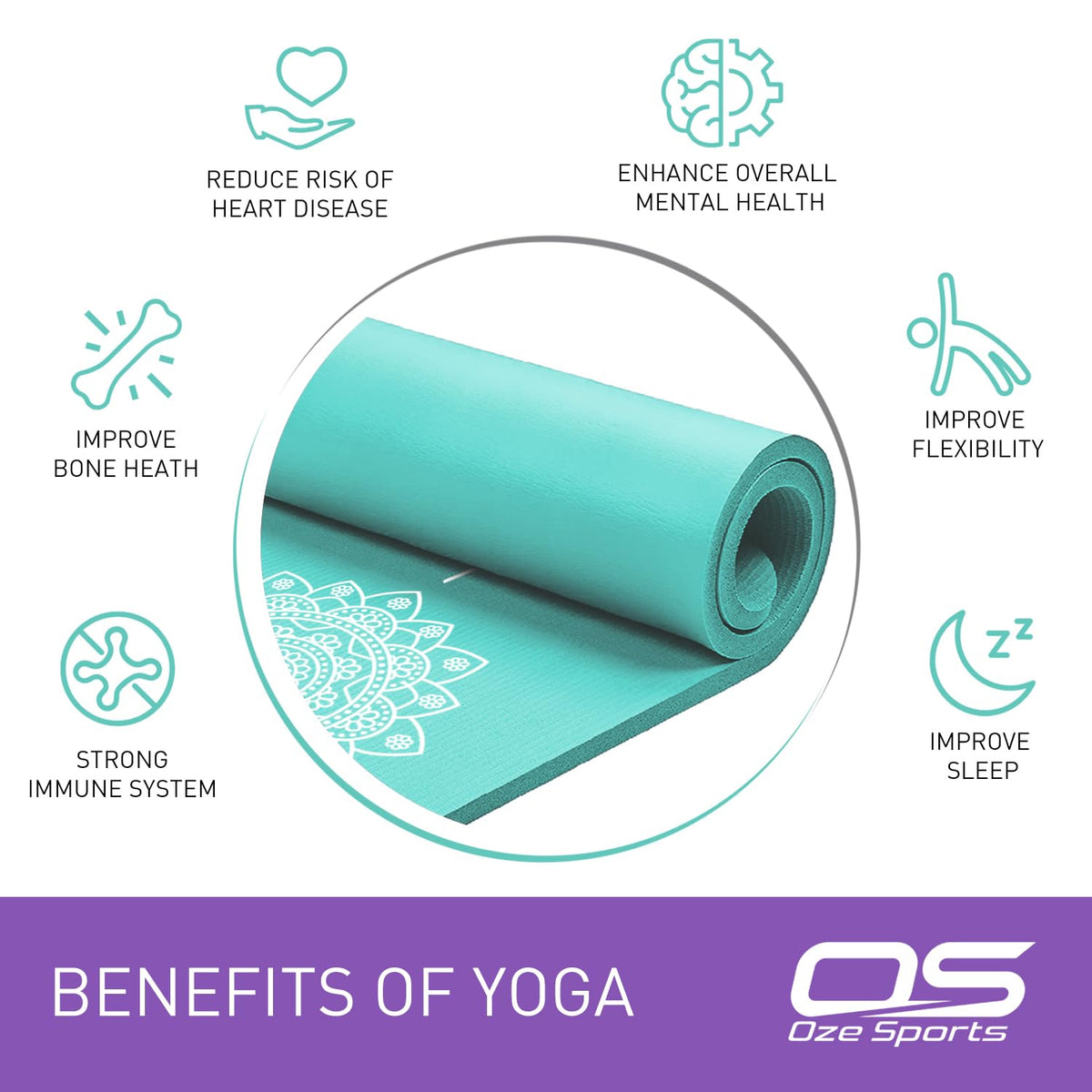 OZE SPORTS Yoga Mat, NBR Foam, Extra Thick, Non-Slip, High Density, Large, for Pilates, Gymnastics, HiiT and Fitness, with Free Carry Strap