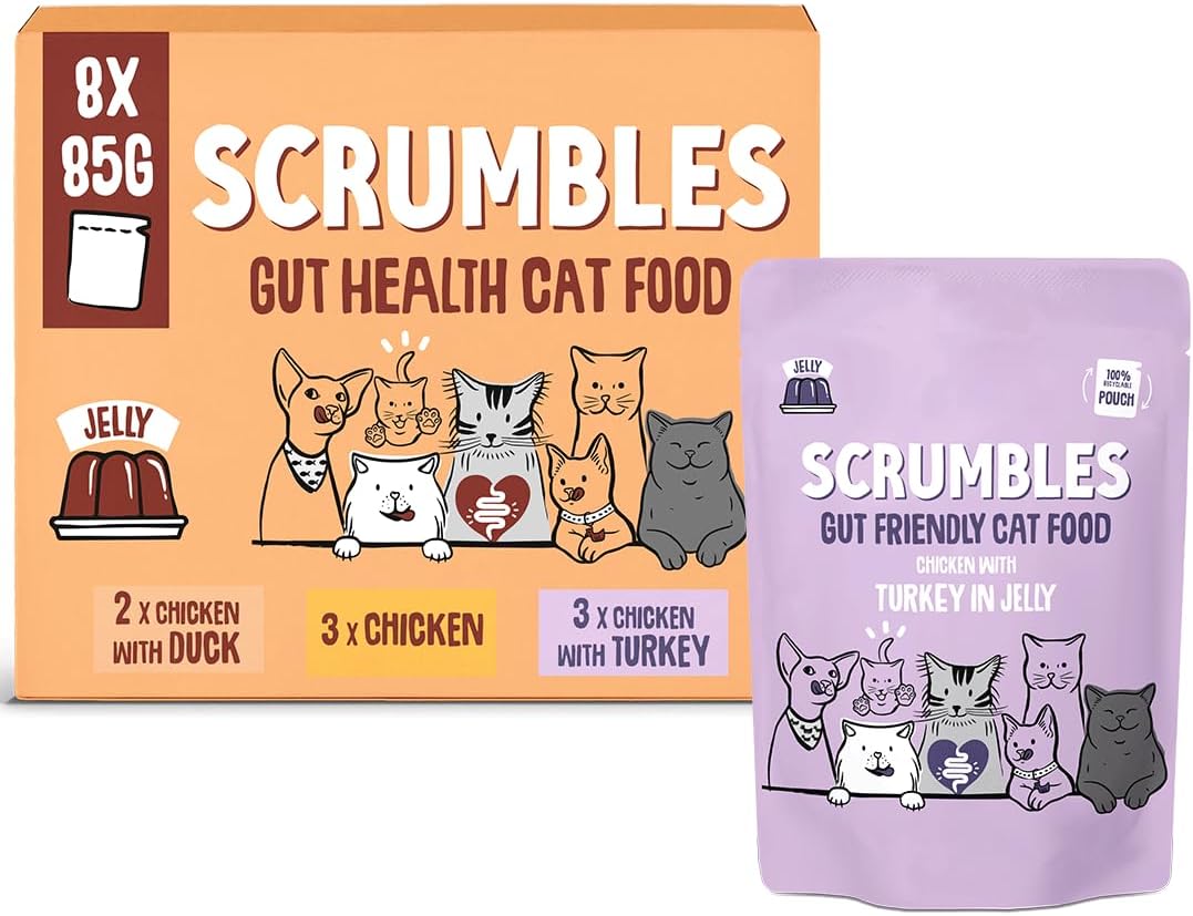Scrumbles • Wet Cat Pouches • Poultry Jelly • Hypoallergenic • All Lifestages • 2xChicken with Duck • 3x Chicken • 3x Chicken with Turkey • 8 Pouches (85g) • 80%+ Meat • Prebiotics