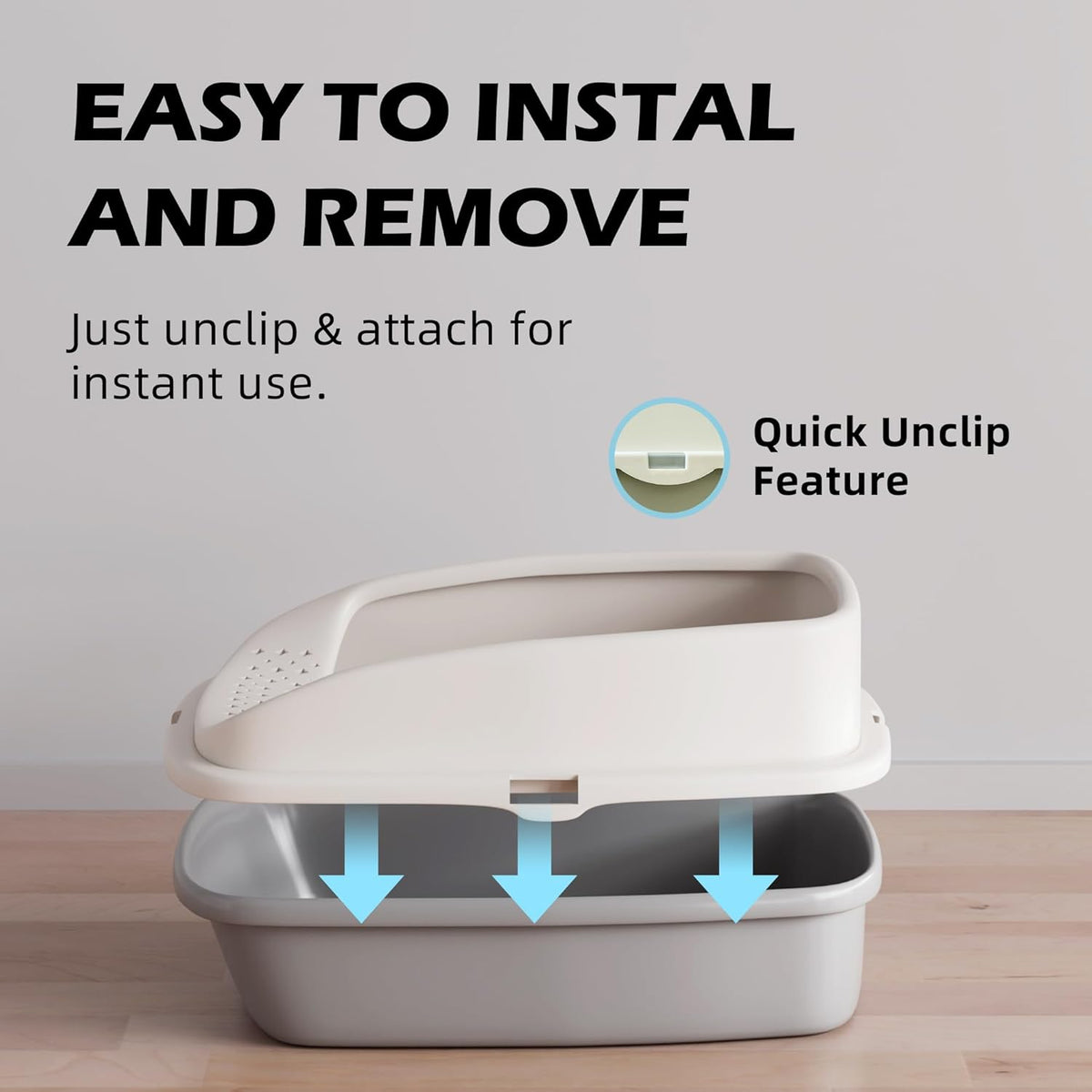 Cat Litter Tray Box, Litter Box, Plastic Cat Open Top Litter Tray with Free Scoop Kitten Detachable Rim Easy Cleaning,49 x 38 x 23cm (Grey)