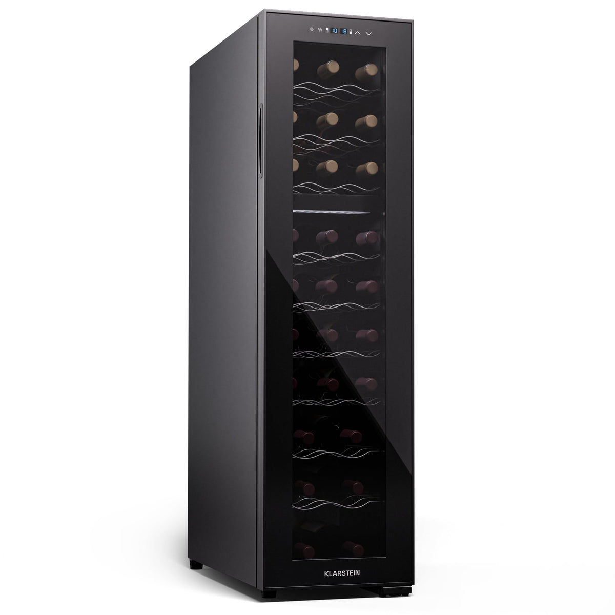 KLARSTEIN Shiraz Wine Cooler Black – 8 Bottles, 1 Zone | Freestanding Wine Fridge with Glass Door, Quiet, 5–18 °C, LED, Stainless Steel Frame