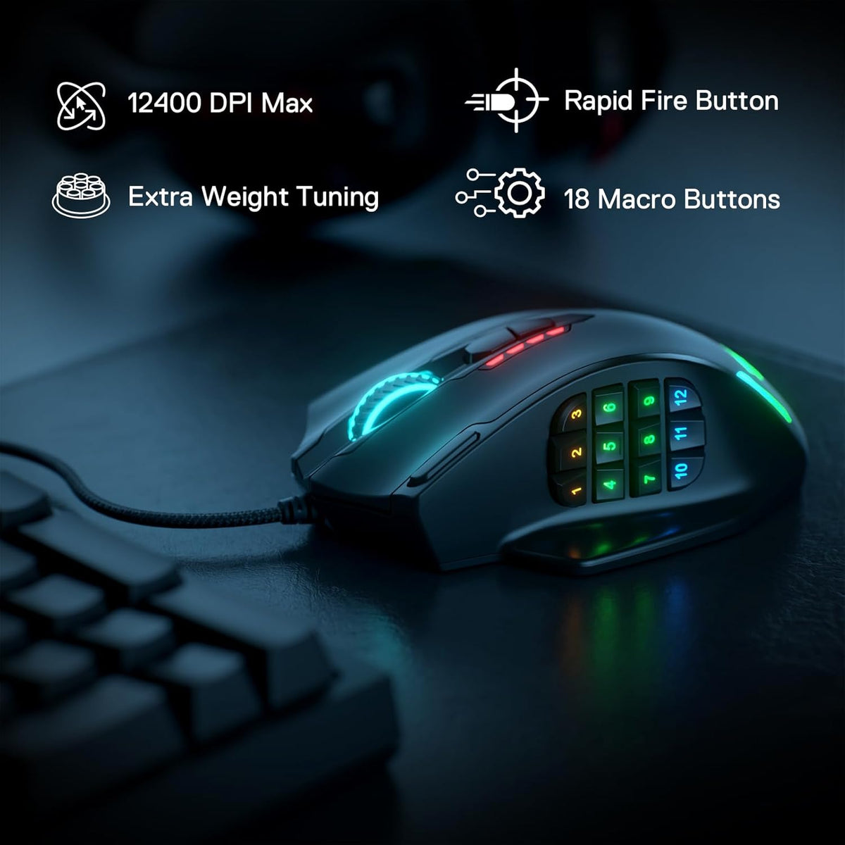 Redragon M908 Impact RGB LED MMO Gaming Mouse With 12 Side Buttons, Optical Wired Ergonomic Mouse with Max 12,400DPI, High Precision, 18 Programmable Macro Shortcuts, Comfort Grip