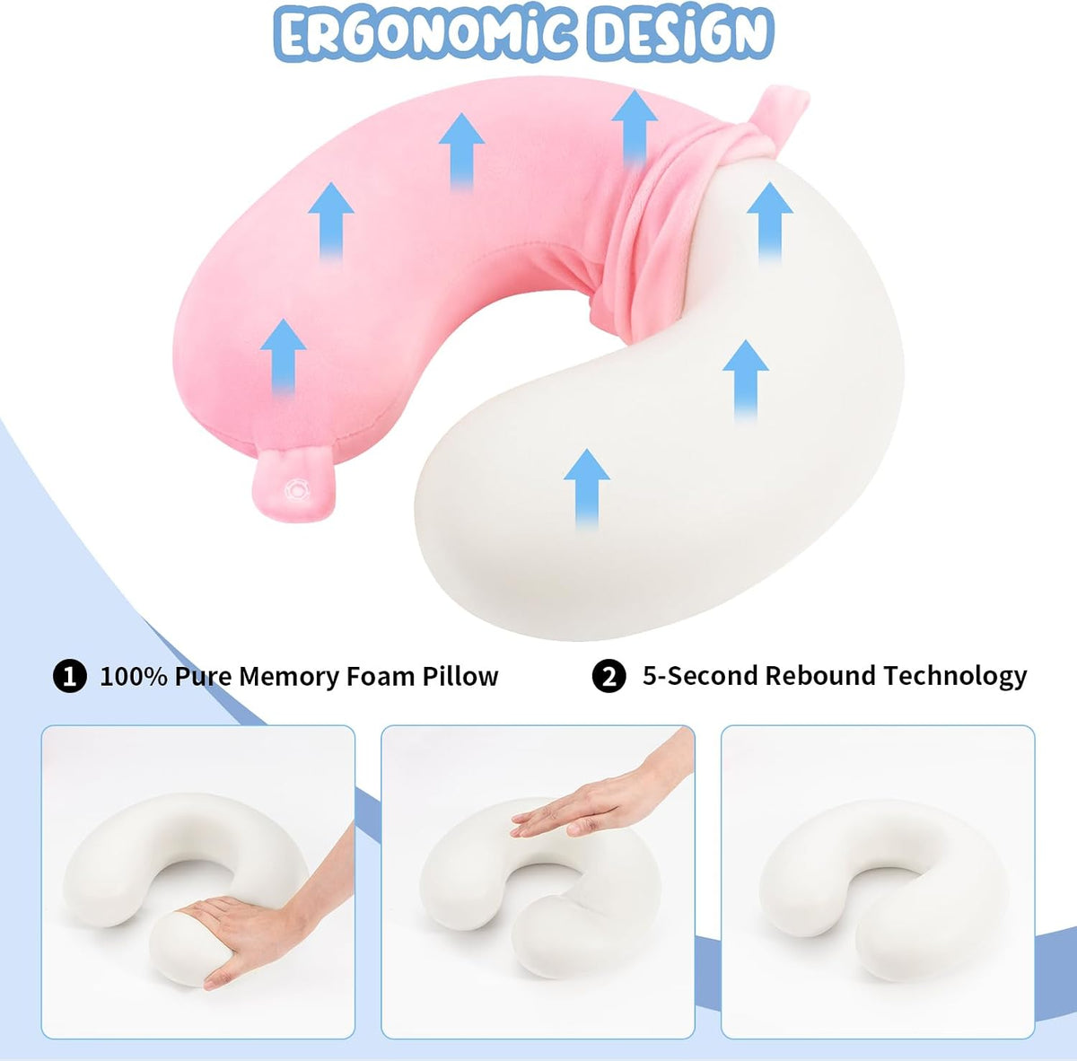 WENGX Travel Neck Pillow With Storage Bag Memory Foam Head Support Flight Pillows Cushion for Airplane Train Car Office Travel Essential for a Long Hauls Sleeping Rest(Pale Pink)