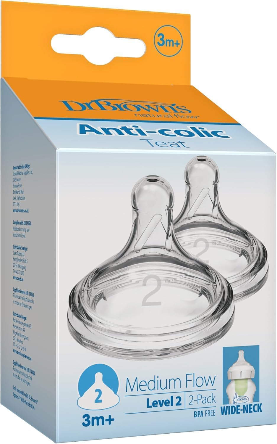 Dr. Brown’s Natural Flow Level 2 Wide-Neck Baby Bottle Silicone Teat, Medium Flow, 3m+, 100% Silicone Bottle Teat, 2-Pack
