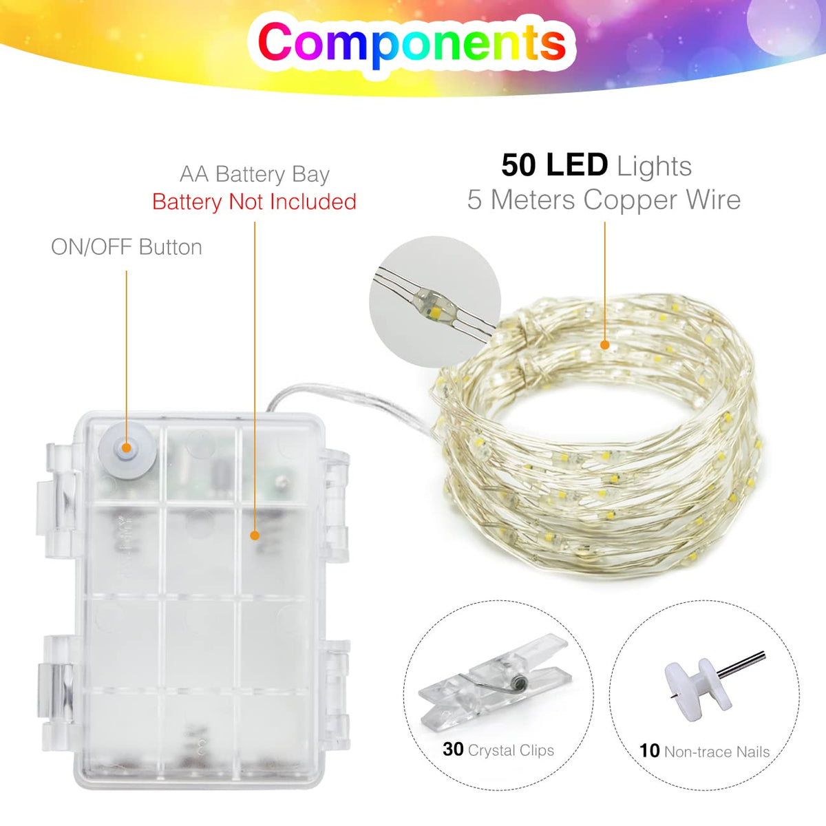 Kolpop 50LED Photo Clip String Lights, 5M Photo Peg Fairy Lights Indoor with 30 Clips Battery Powered Cooper Wire Hanging String Photo Display for Bedroom Birthday Wedding Party Christmas Decorations