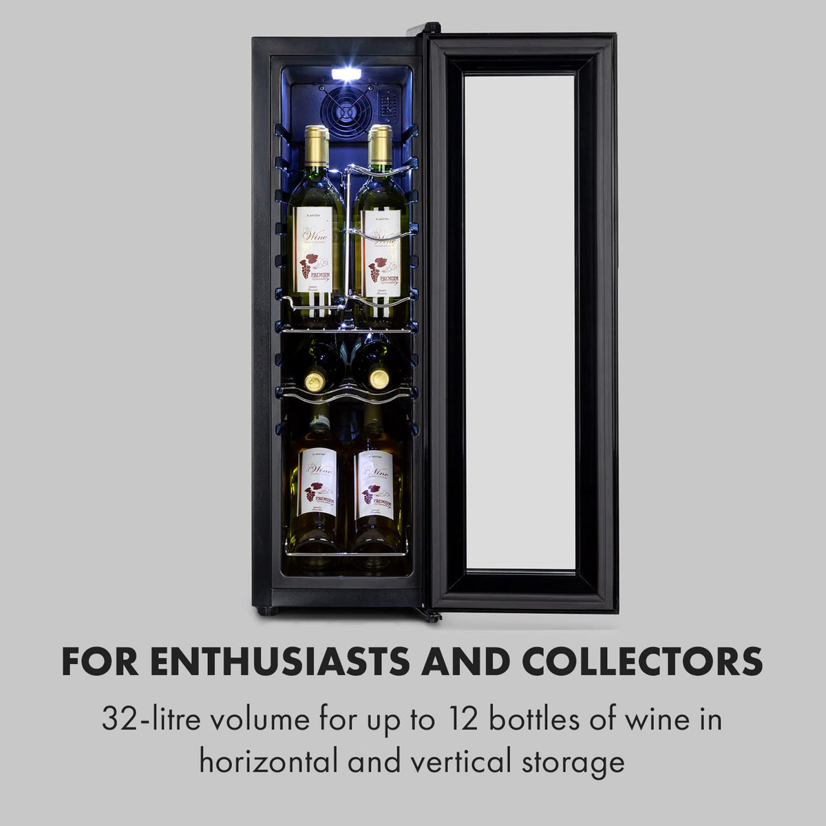 KLARSTEIN Shiraz Wine Cooler Black – 8 Bottles, 1 Zone | Freestanding Wine Fridge with Glass Door, Quiet, 5–18 °C, LED, Stainless Steel Frame