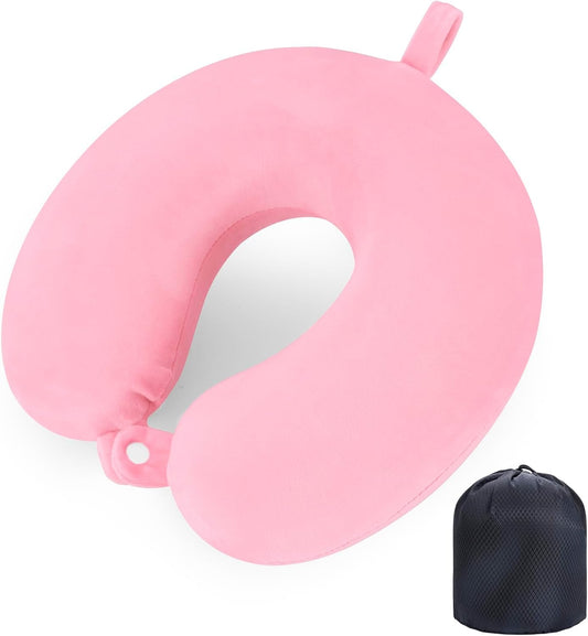 WENGX Travel Neck Pillow With Storage Bag Memory Foam Head Support Flight Pillows Cushion for Airplane Train Car Office Travel Essential for a Long Hauls Sleeping Rest(Pale Pink)