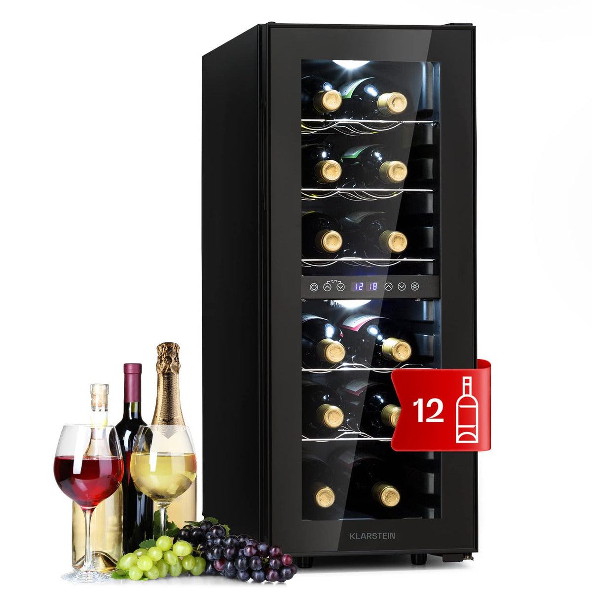 KLARSTEIN Shiraz Wine Cooler Black – 8 Bottles, 1 Zone | Freestanding Wine Fridge with Glass Door, Quiet, 5–18 °C, LED, Stainless Steel Frame