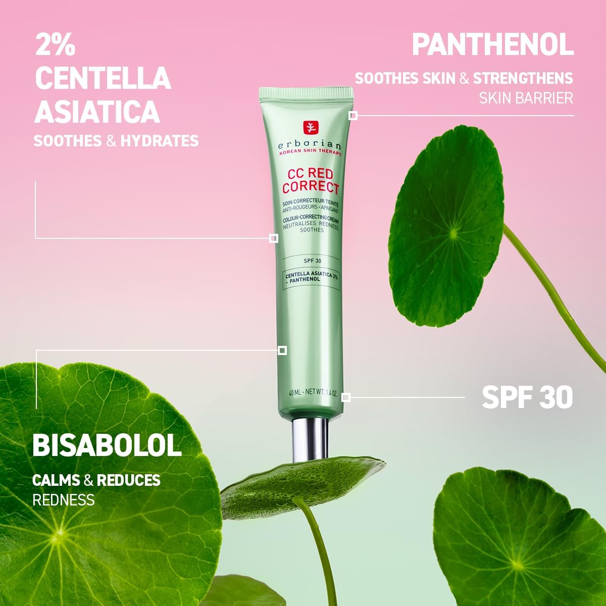 Erborian - CC Red Correct - Anti Redness Tinted Face Cream with Centella Asiatica Panthenol and Bisabolol - Green Neutralizing Shade with SPF 30 - Light Coverage - Korean Cosmetic