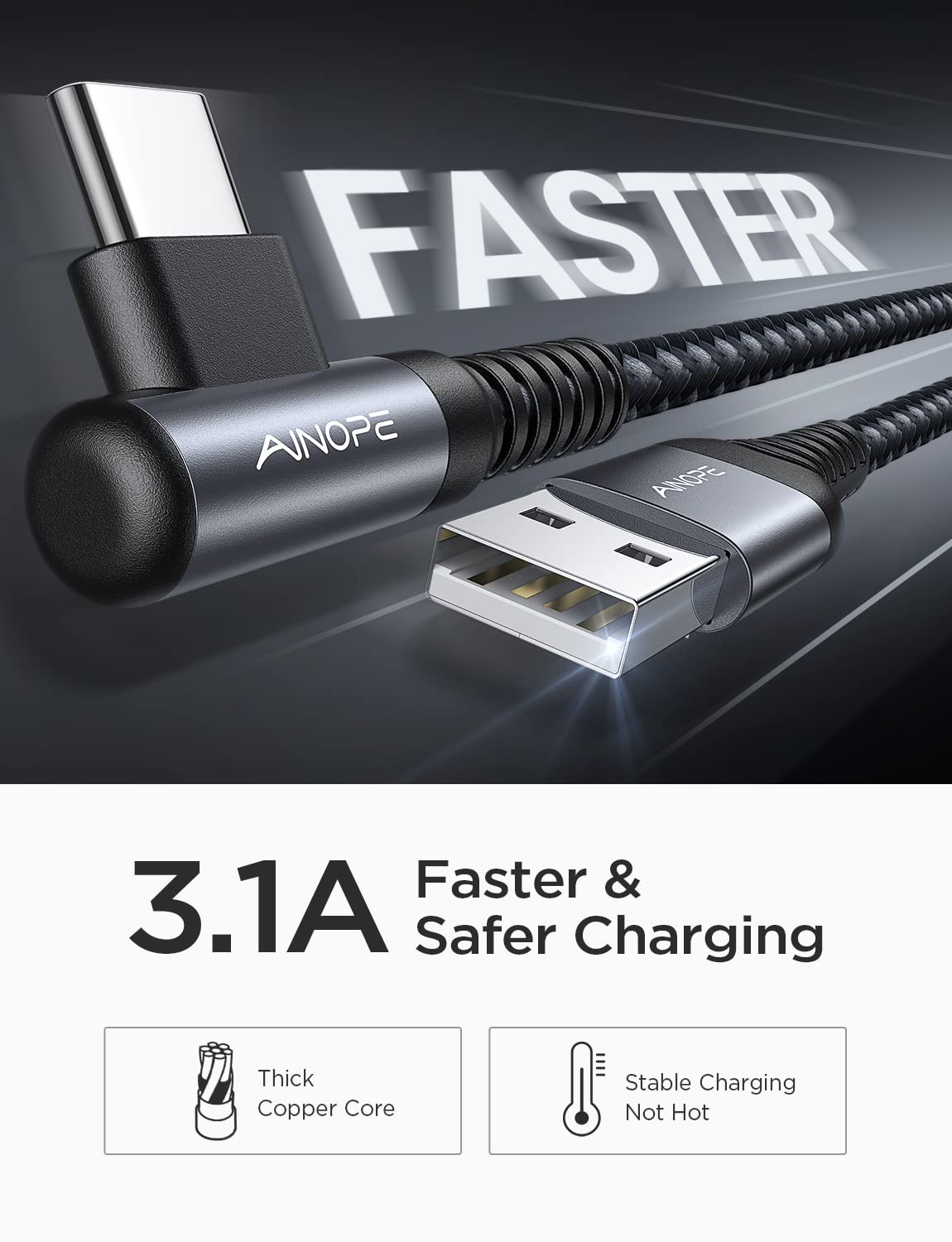 AINOPE USB C Charger Cable,(2Pack 2M) 3.1A Right Angle USB to USB C Cable