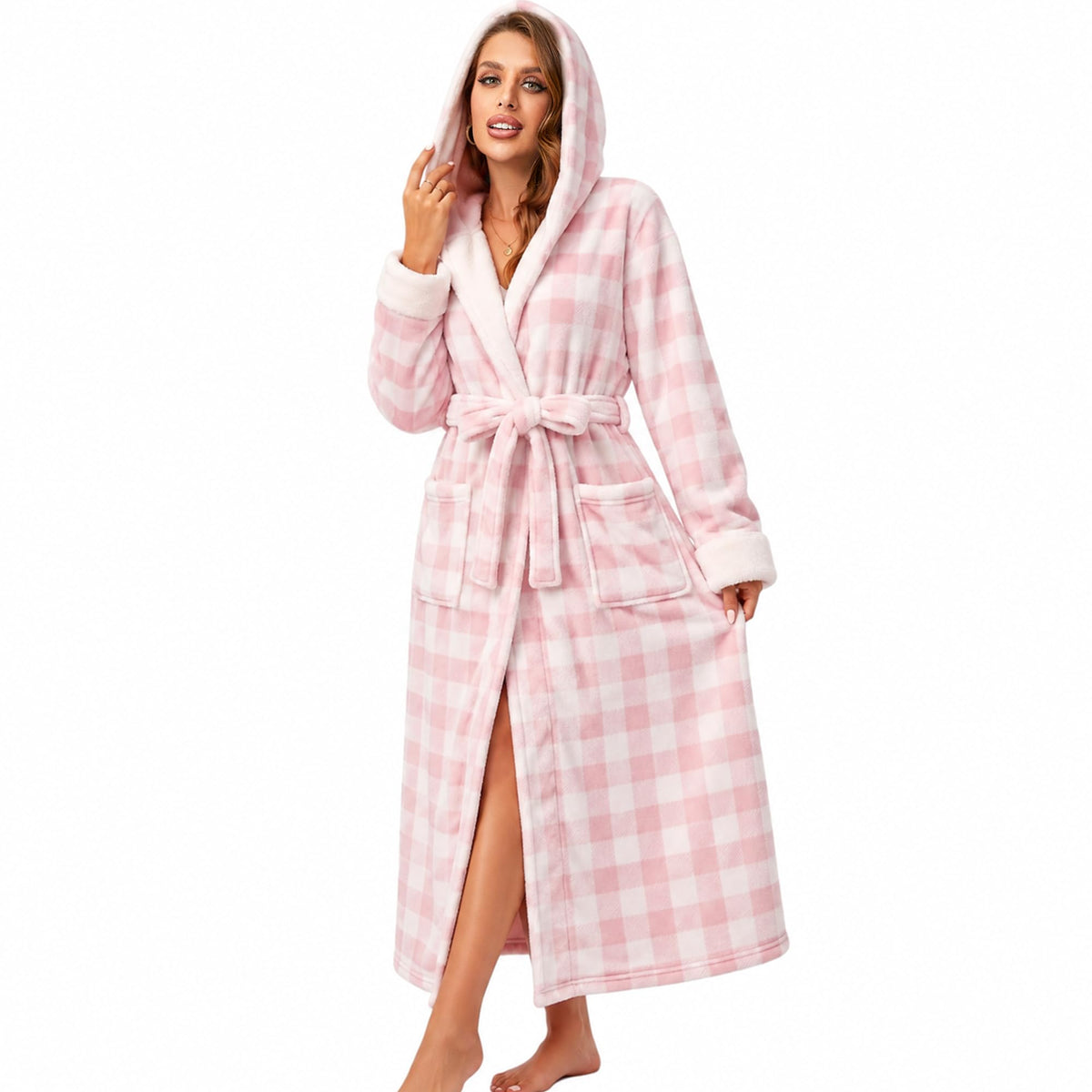 RONGTAI Womens Dressing Gown Fleece Plush Warm Long Hooded Robes