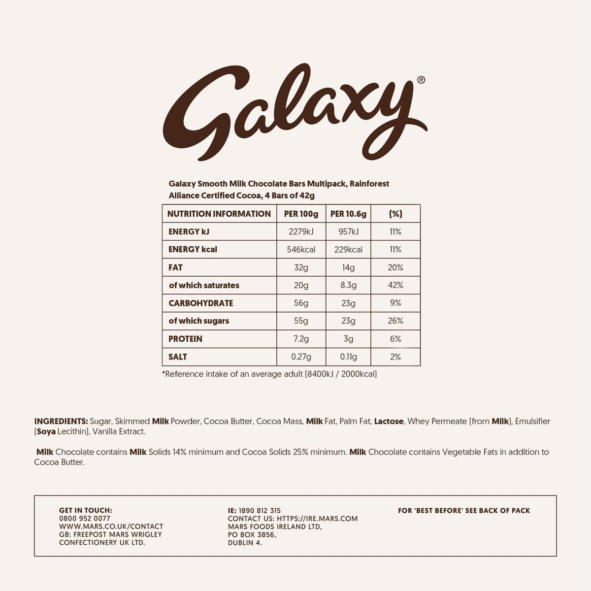 Galaxy Smooth Milk Chocolate Bars Multipack Vegetarian Snack Treat 4 x 42g