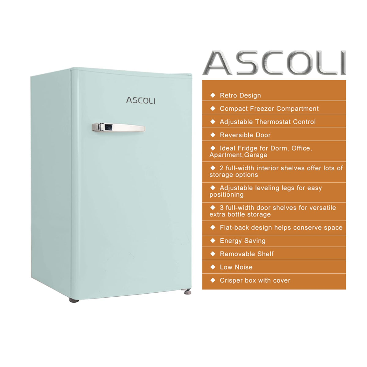 Retro Mini Fridge 85L, Compact Refrigerator, Under Counter Fridge, Direct Cooling, Super Quiet, Adjustable Racks, Metal Handle, Mechanical Control, Led Light