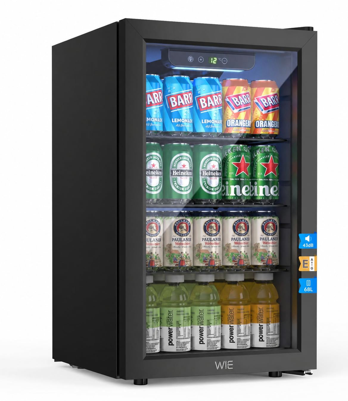 WIE 48L Drinks Fridge with Glass Door, Beer Fridge for 68 Cans or 12 Wine Bottles, Mini Fridge 4-16°C Touch Control, Quiet Beverage Refrigerators with LED Light, Reversible Door for Home, Bar, Office