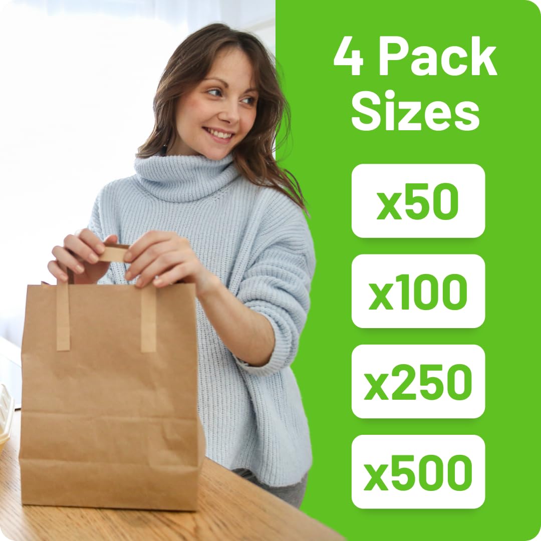 Brown Paper Bags with Handles - Small 8 x 7 x 3.5", 250 Pack, 80gsm Kraft Material, Takeaway Lunch Grocery Shopping Gift Party