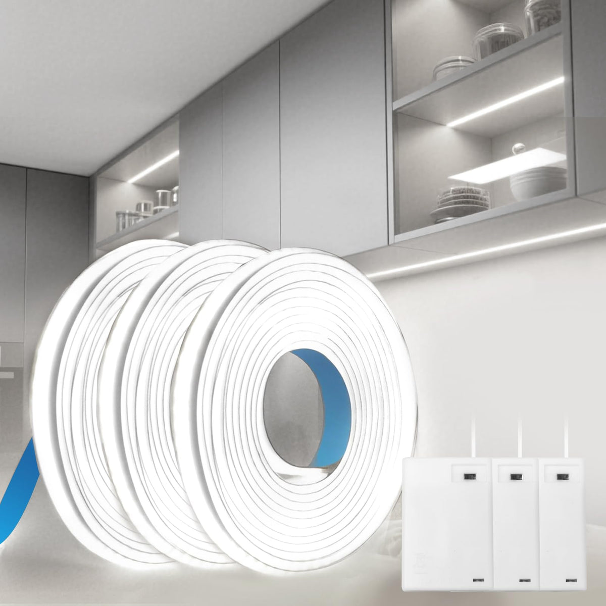 BAGZY Battery LED Strip Light COB 2M 5V Battery Powered LED Strip Tape Lights Cool White 6000K Self Adhesive Flexible Uniform Dotless Cuttable 320LEDs/M for Kitchen Mirror Bedroom Cabinet Decor