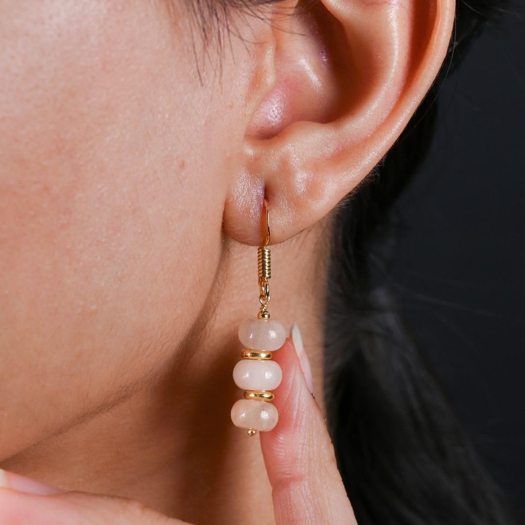 Gempires Natural Gemstone Rondelle Bead Earrings for Women | 8mm Beaded Drop Dangle Earrings | Gold Plated Hypoallergenic Hook Jewelry | Handmade Lightweight Crystal Earrings