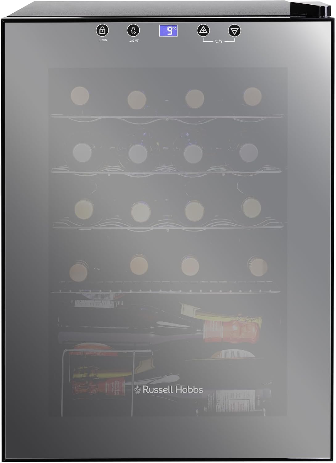 Russell Hobbs 20 Bottle 62L Mirrored Door Wine Cooler Freestanding Beverage Drinks Fridge, LED Light with Touch Control, Digital Display, Adjustable Shelves, Glass Door RH20WC201MR