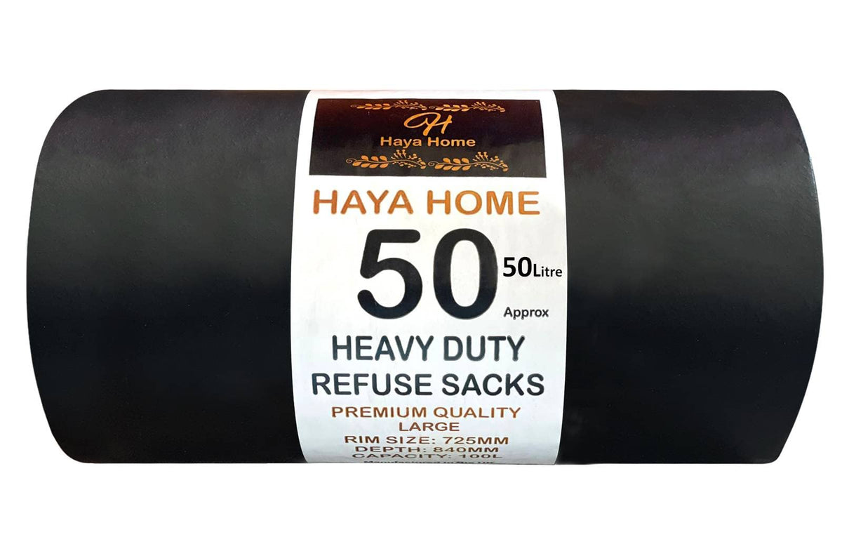 Haya Home 50L 50 Bin Bags Heavy Duty Bin Liners, Black Plastic Refuse Sacks large Garbage Waste Dustbin Bags for Kitchen Home Office DIY Garden from 100% Recycled Material