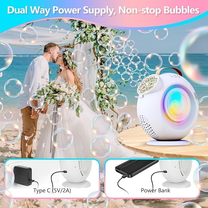 G-STORY Rechargeable Automatic Bubble Machine for Kids - 15000+ Bubbles Per Min, 90°/360° Auto Rotating & LED Light 500ML Capacity Bubble Blower with 2 Speed Modes for Outdoor Party Wedding Birthday