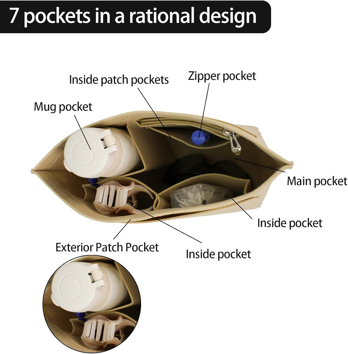 Multi-pocket felt tote bag for inserting a wallet, folding tote organizer insert Longchamp (khaki, L)