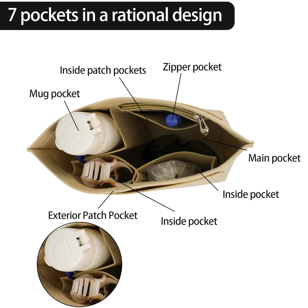 Multi-pocket felt tote bag for inserting a wallet, folding tote organizer insert Longchamp (khaki, L)
