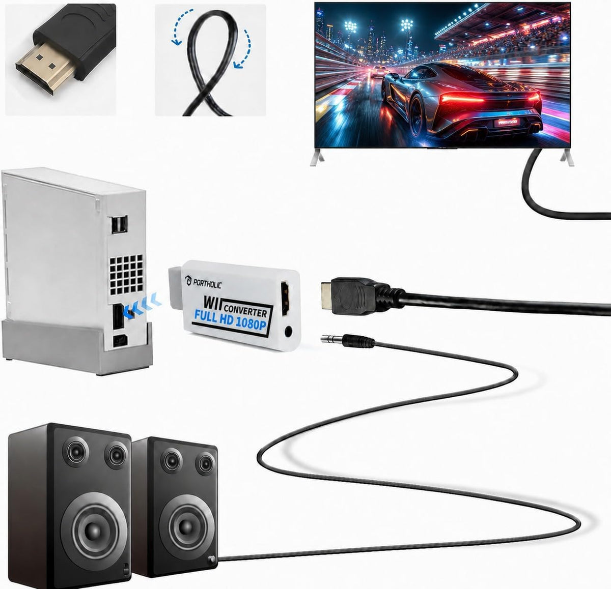 Wii to HDMI Adapter, PORTHOLIC 1080P/720p Wii HDMI Converter with 3ft HDMI Cable and 3,5mm Audio Video Output Jack Compatible for All Wii Display Modes