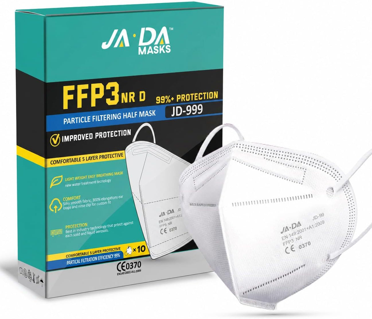 FFP3 Masks Pack of 10 With >99% Filtration Efficiency - Disposable Face Mask UK - Soft And Secure Fit (Packaging may vary)