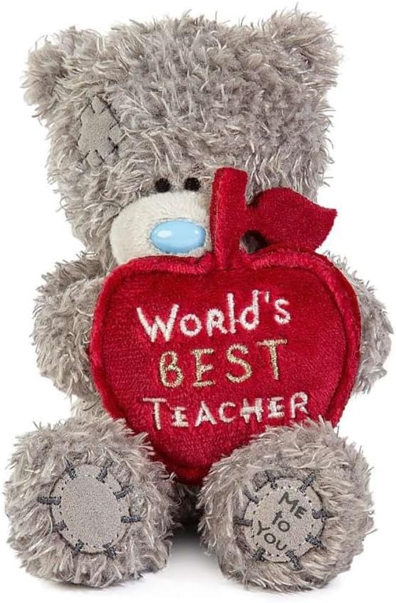 Me To You Tatty Teddy Plush 10cm-High Thank You Teacher Bear Holding 'World's Best Teacher' Apple - Official Collection, Grey