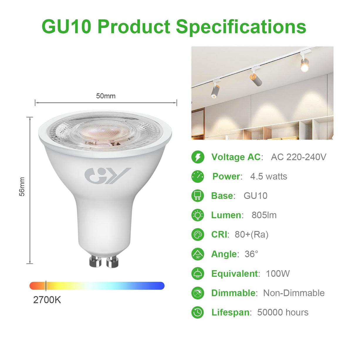 GY GU10 LED Bulb 4.9W 790lm Cool White 6500K Energy Saving LED Bulb, The New UK Energy Efficiency Class B Replaces 80W, 110°Beam Angle Non-Dimmable, 10 Pack