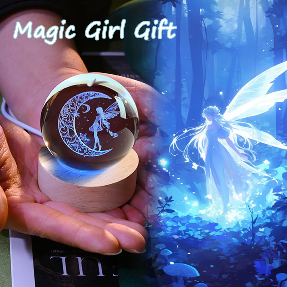 3D Fairy Crystal Ball 60mm Glass Fairy with Flower Night Light Gifts for Girl Women with Light Base