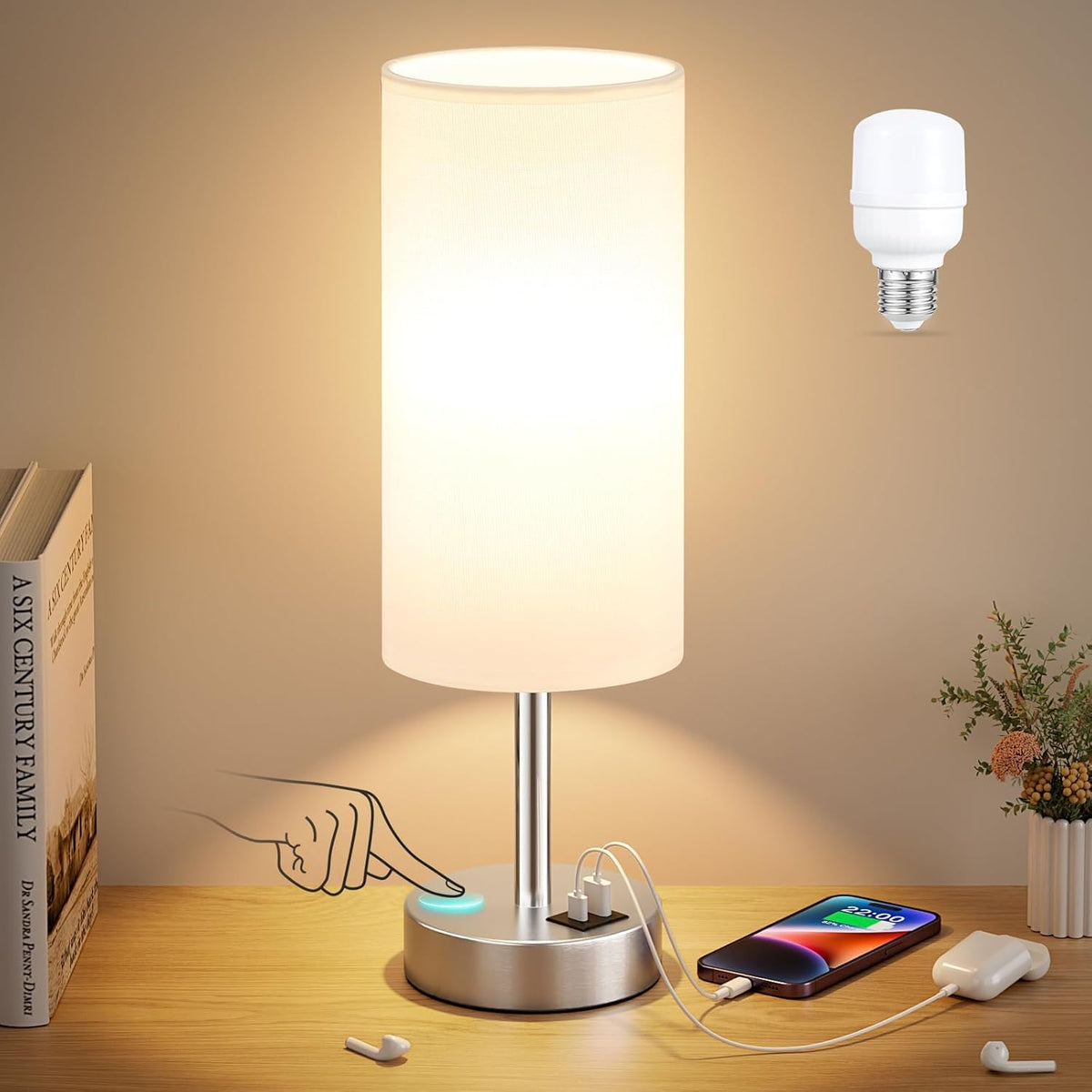 Aooshine Grey Table Lamp, 3-Way Dimmable, USB A + C Charging