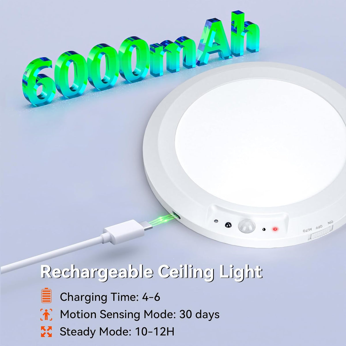 Motion Sensor Rechargeable LED Ceiling Light, Size 7.3", White, 1PCS