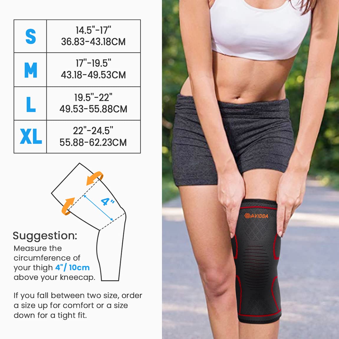 AVIDDA Knee Support Brace 2 Pack - Compression Knee Sleeves for Arthritis, Joint Pain, Ligament Injury, Meniscus Tear, ACL, MCL, Tendonitis, Running, Squats, Sports