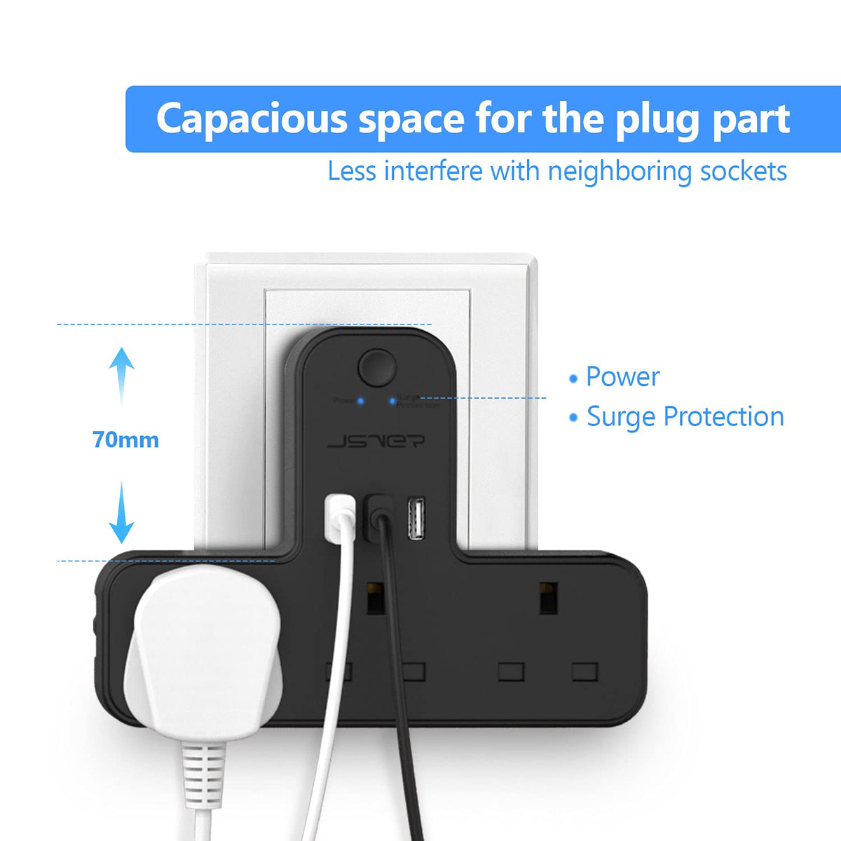 Double Plug Adaptor with 2 USB, JSVER Mini 2 Way Plugs Extension Sockets with USB Ports(5V/2.4A) Wall Charger Adapter, 13A UK 3 Pin Power Socket for Home, Office, Kitchen,White