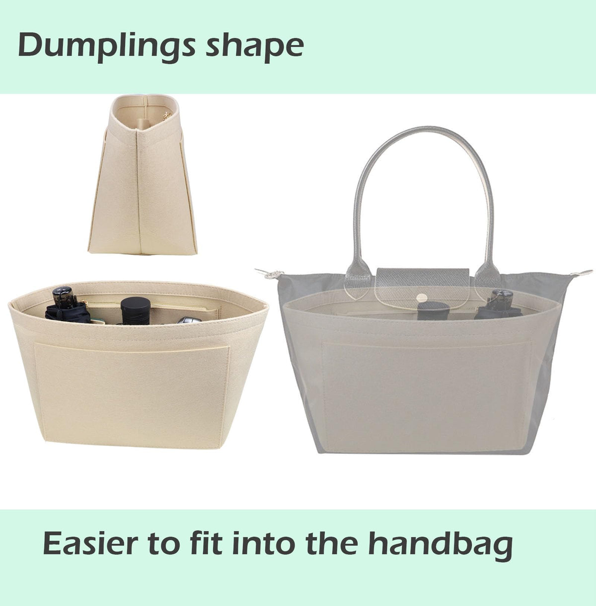 Lckaey tote bag organizer insert for Longchamp le pliage large tote insert felt purse zipper bag organizer 1028pink-S