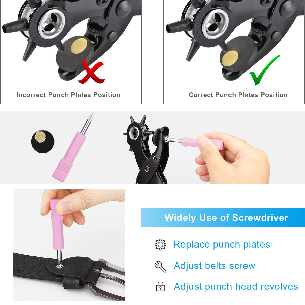 Diyife Belt Hole Puncher for Leather, 6 Sizes, Effortless Dual-Lever Design