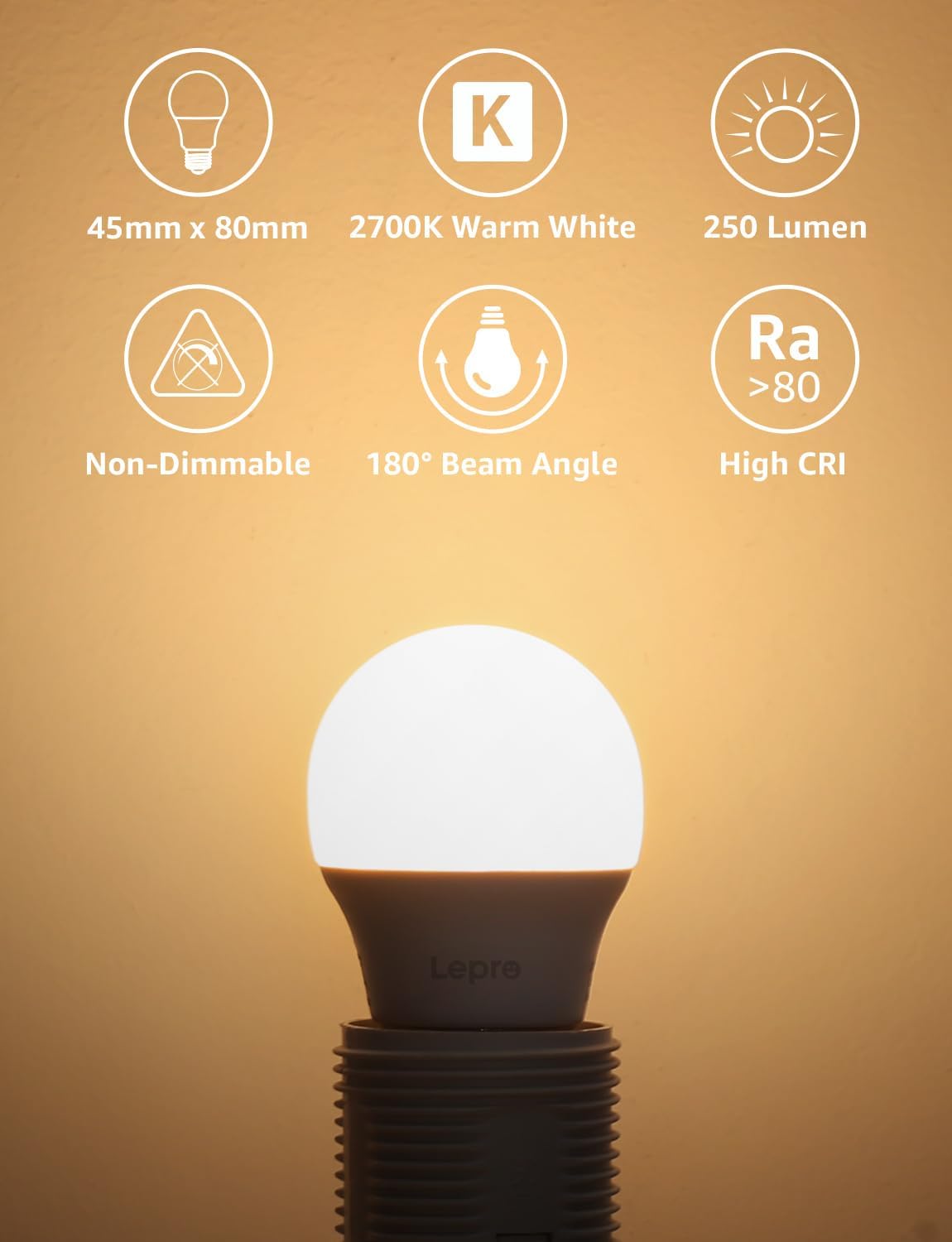 Lepro G45 E27 Screw Bulb, Warm White 2700K, 2.2W = 25W, 250LM, Pack of 5