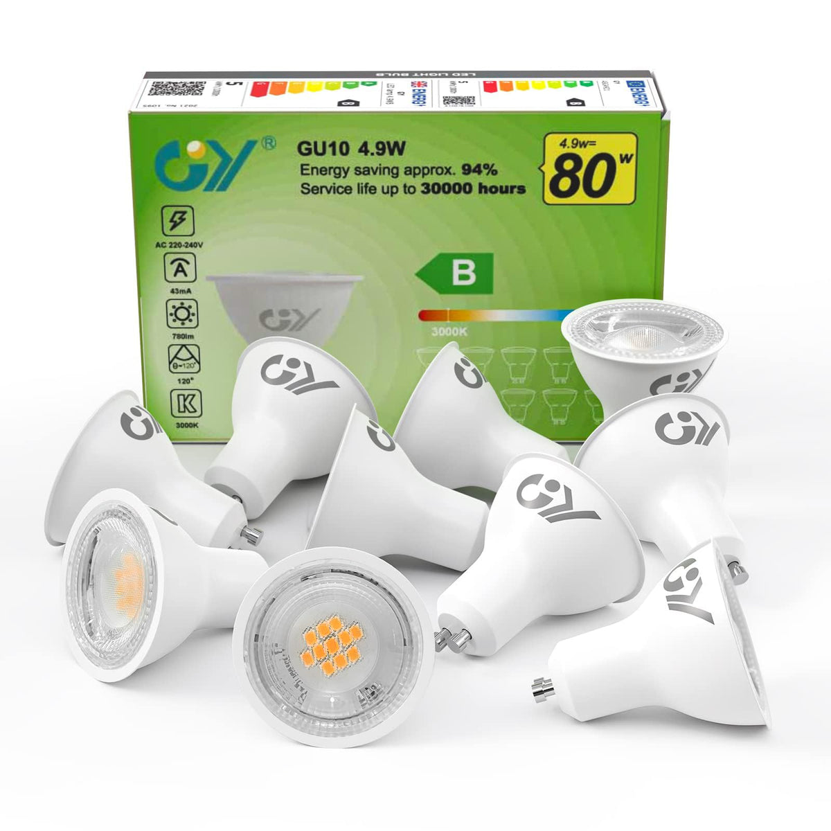 GY GU10 LED Bulb 4.9W 790lm Cool White 6500K Energy Saving LED Bulb, The New UK Energy Efficiency Class B Replaces 80W, 110°Beam Angle Non-Dimmable, 10 Pack