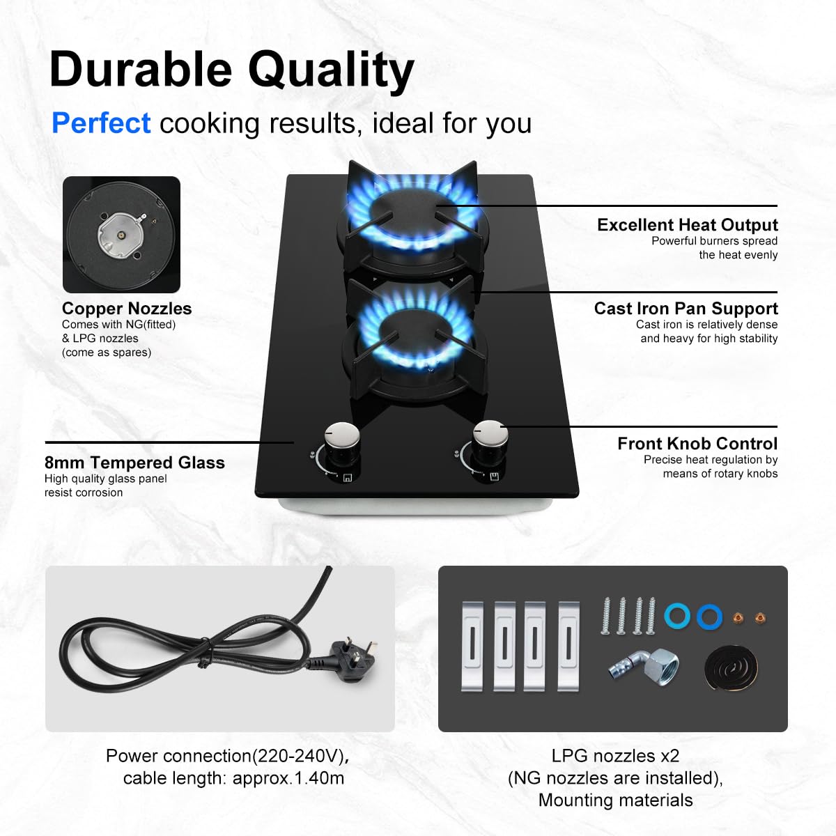 SNDOAS Gas Hob 4 Burners, NG/LPG Convertible, Built-in Black Glass Gas Hob with Wok Burner, Flame Failure Protection, 8000W, YYUKGCT-B04
