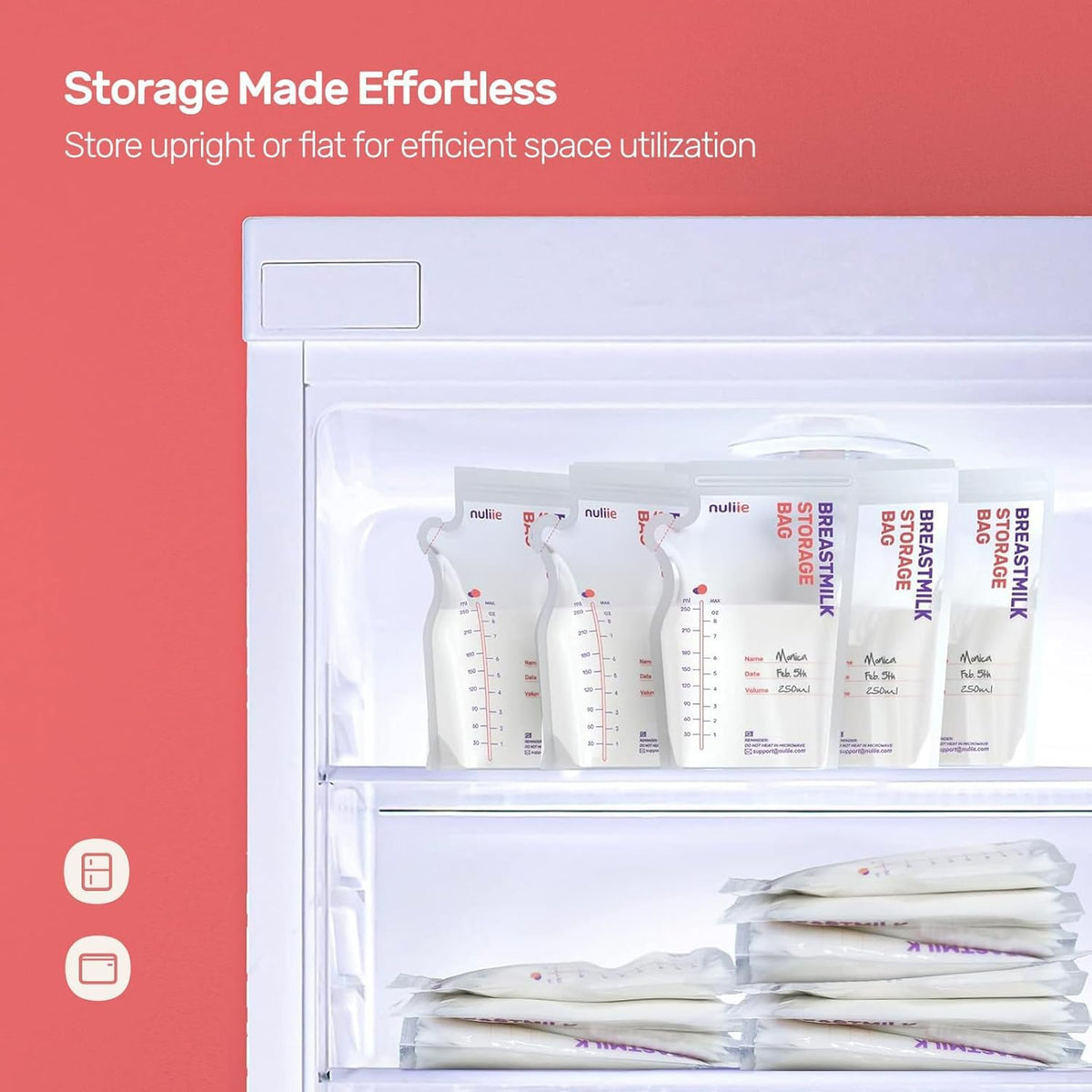 Nuliie 120 Pcs Breast Milk Storage Bags, 250ml BPA Free Milk Storage Bags with Pour Spout for Breastfeeding, Self-Standing or Flat Pre-sterilised Bag, Space Saving for Fridge or Freezer Use