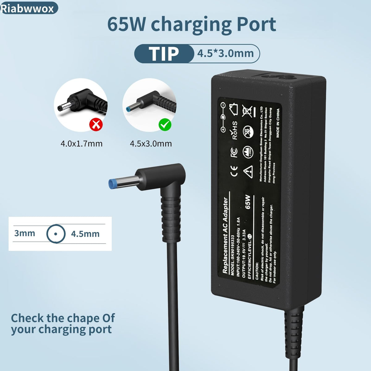 4.5 X 3mm 65W Laptop Charger Compatible with Dell Inspiron 15