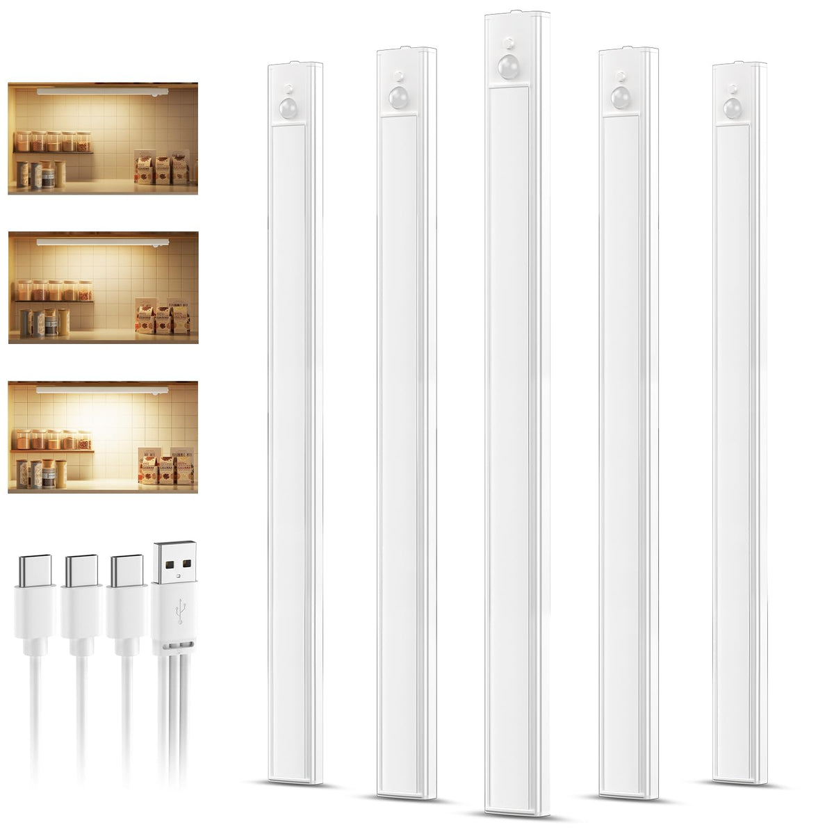 daphomeu 5 Pack Rechargeable Under Cupboard Kitchen Lights, 20CM Dimmable Warm Cabinet Light, LED Motion Sensor Lights Indoor, Magnetic Stick Light for Kitchen Shelf Stairs Wardrobe